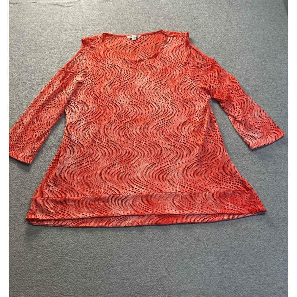 Erin London Mesh Overlay Top Womens 1X Orange 3/4 Sleeve Abstract Print Plus